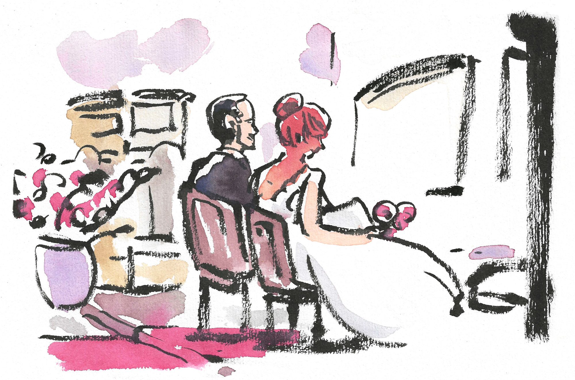 Zeichnung Brautpaar Event Illustration bei einer Hochzeit von einem sitzenden Brautpaar (Mann und Frau), zart koloriert im Aquarellstil, Zeichnung, Zeichner