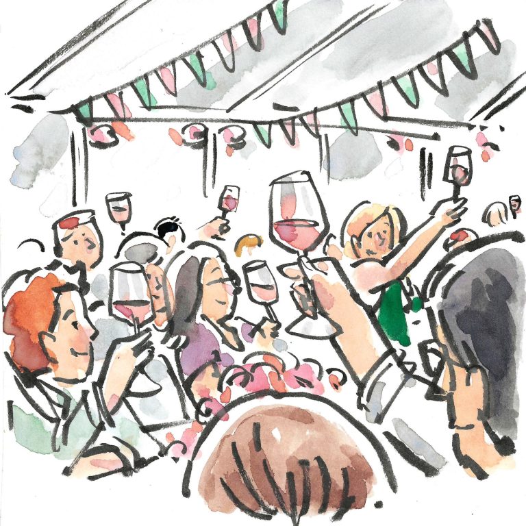 Event Illustration Tuschezeichnung, Große Gästegruppe erhebt ihre Gläser, koloriert