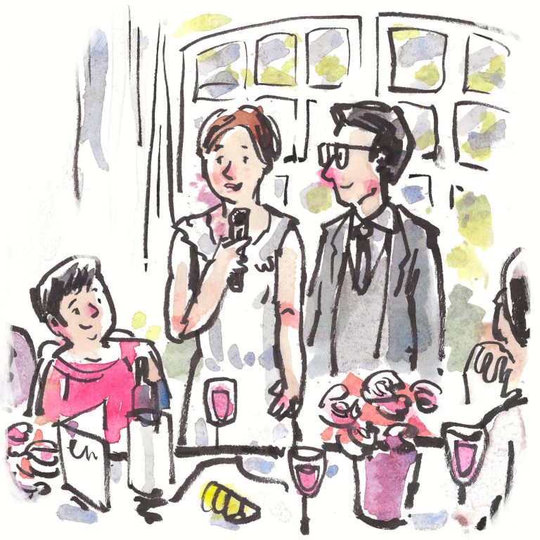 Brautpaar Rede Farbige Zeichnung, Glückliches Brautpaar hält eine Rede vor der Hochzeitsgesellschaft